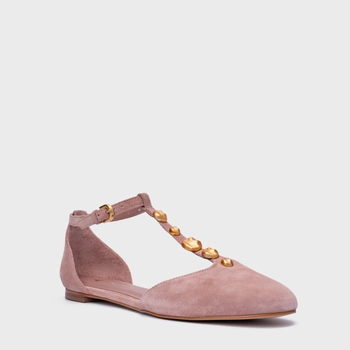 Sapatilha Slingback Gold Details Couro Suede Rosa Ballet
