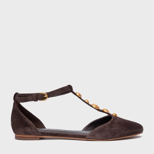 Sapatilha Slingback Gold Details Couro Suede Marrom Ganache
