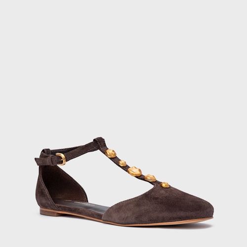 Sapatilha Slingback Gold Details Couro Suede Marrom Ganache