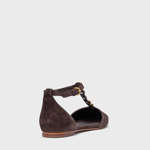 Sapatilha Slingback Gold Details Couro Suede Marrom Ganache