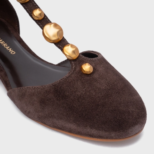 Sapatilha Slingback Gold Details Couro Suede Marrom Ganache