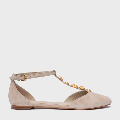 Sapatilha Slingback Gold Details Couro Suede Bege Oatmeal