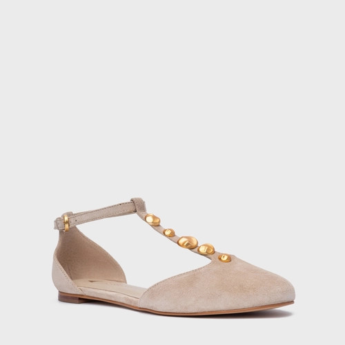 Sapatilha Slingback Gold Details Couro Suede Bege Oatmeal