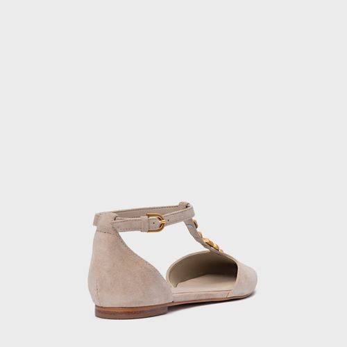 Sapatilha Slingback Gold Details Couro Suede Bege Oatmeal