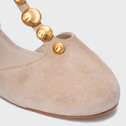 Sapatilha Slingback Gold Details Couro Suede Bege Oatmeal