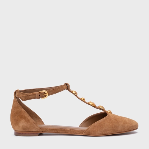 Sapatilha Slingback Gold Details Couro Suede Marrom Saddle