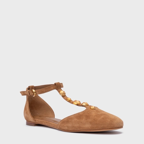 Sapatilha Slingback Gold Details Couro Suede Marrom Saddle