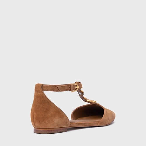 Sapatilha Slingback Gold Details Couro Suede Marrom Saddle