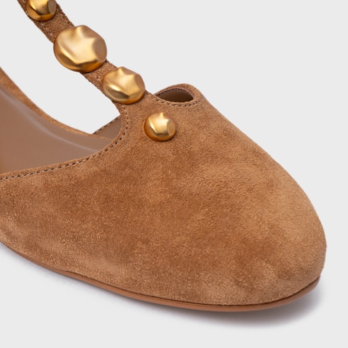 Sapatilha Slingback Gold Details Couro Suede Marrom Saddle