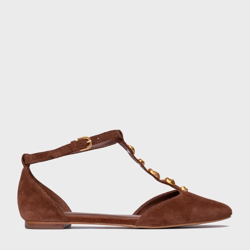 Sapatilha Slingback Gold Details Couro Suede Marrom Walnut