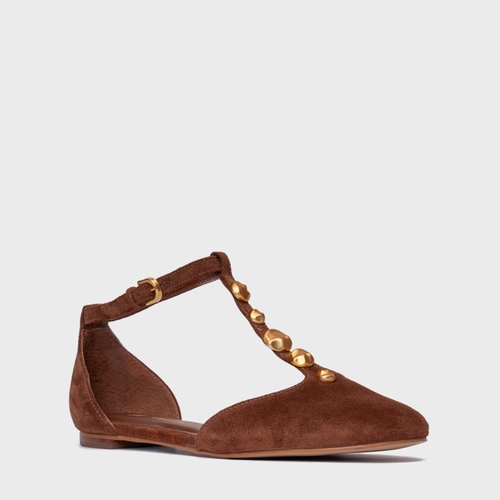 Sapatilha Slingback Gold Details Couro Suede Marrom Walnut