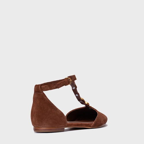 Sapatilha Slingback Gold Details Couro Suede Marrom Walnut