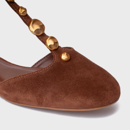 Sapatilha Slingback Gold Details Couro Suede Marrom Walnut