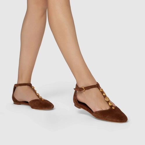 Sapatilha Slingback Gold Details Couro Suede Marrom Walnut