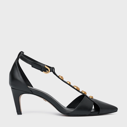 Scarpin Slingback Gold Details Salto Fino Couro Preto