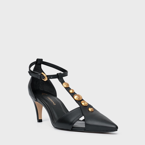 Scarpin Slingback Gold Details Salto Fino Couro Preto
