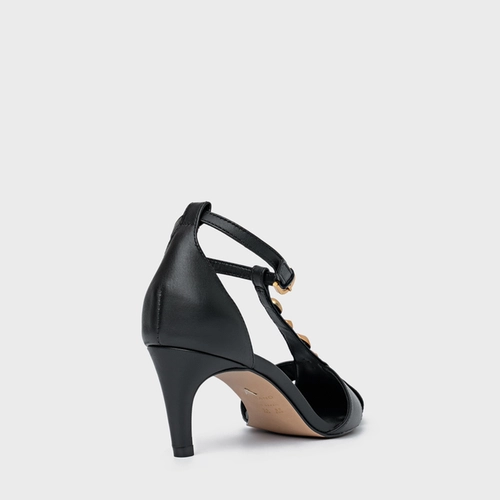 Scarpin Slingback Gold Details Salto Fino Couro Preto