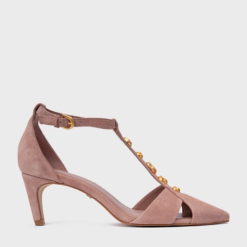 Scarpin Slingback Gold Details Salto Fino Couro Suede Rosa Ballet