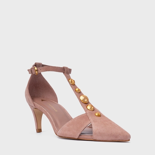 Scarpin Slingback Gold Details Salto Fino Couro Suede Rosa Ballet