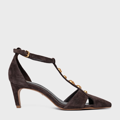Scarpin Slingback Gold Details Salto Fino Couro Suede Marrom Ganache
