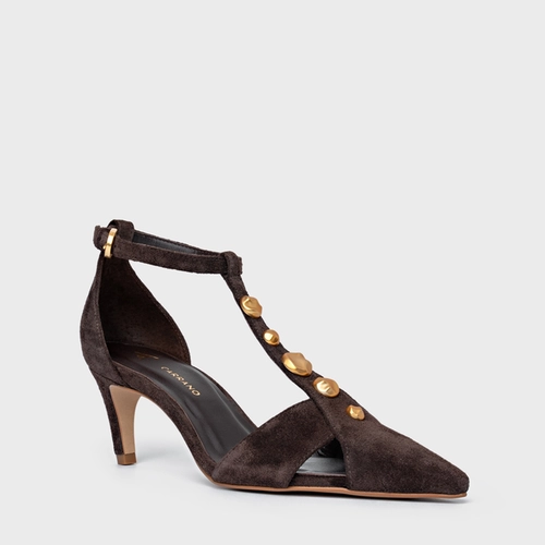 Scarpin Slingback Gold Details Salto Fino Couro Suede Marrom Ganache