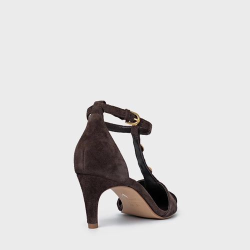 Scarpin Slingback Gold Details Salto Fino Couro Suede Marrom Ganache