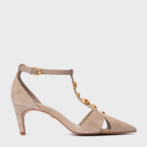 Scarpin Slingback Gold Details Salto Fino Couro Suede Bege Oatmeal
