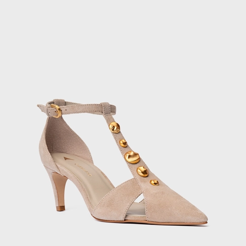 Scarpin Slingback Gold Details Salto Fino Couro Suede Bege Oatmeal
