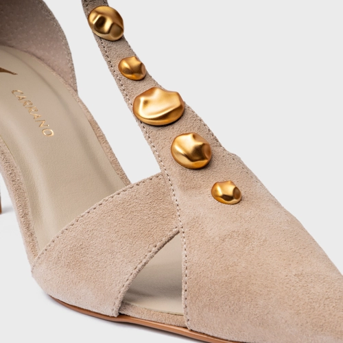 Scarpin Slingback Gold Details Salto Fino Couro Suede Bege Oatmeal