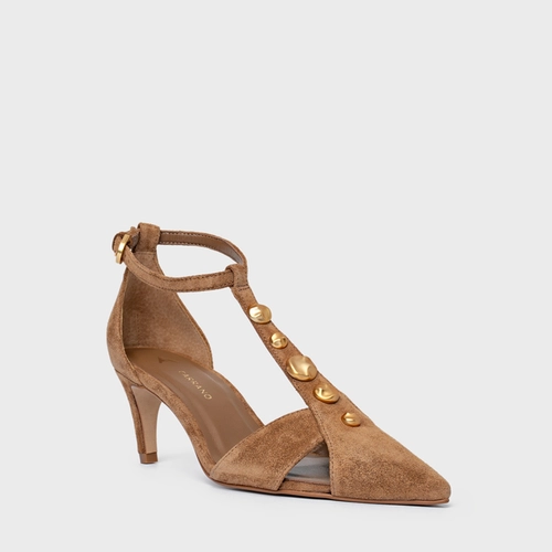 Scarpin Slingback Gold Details Salto Fino Couro Suede Marrom Saddle