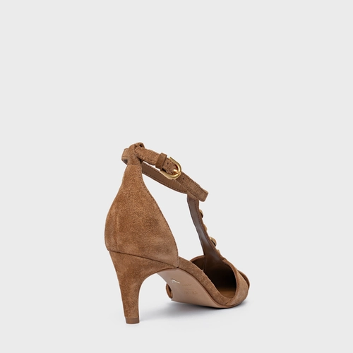 Scarpin Slingback Gold Details Salto Fino Couro Suede Marrom Saddle