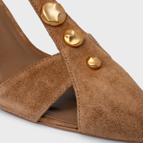 Scarpin Slingback Gold Details Salto Fino Couro Suede Marrom Saddle