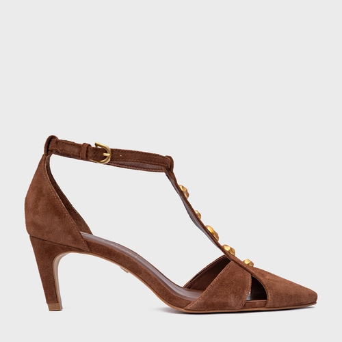 Scarpin Slingback Gold Details Salto Fino Couro Suede Marrom Walnut