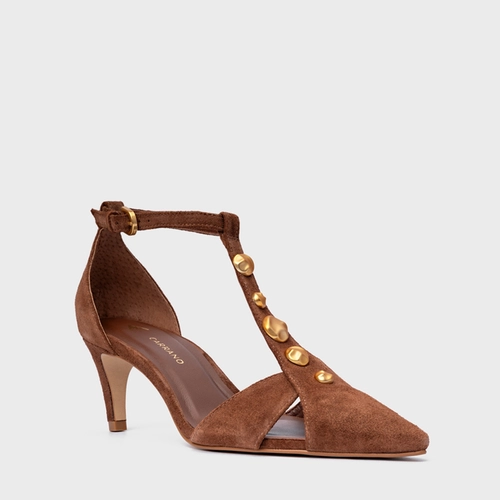 Scarpin Slingback Gold Details Salto Fino Couro Suede Marrom Walnut