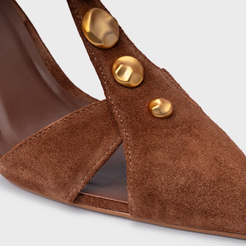 Scarpin Slingback Gold Details Salto Fino Couro Suede Marrom Walnut