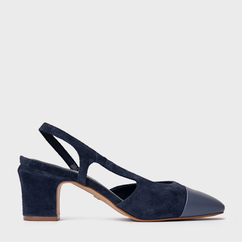 Scarpin Slingback Cap Toe Salto Bloco Couro Suede Azul Navy