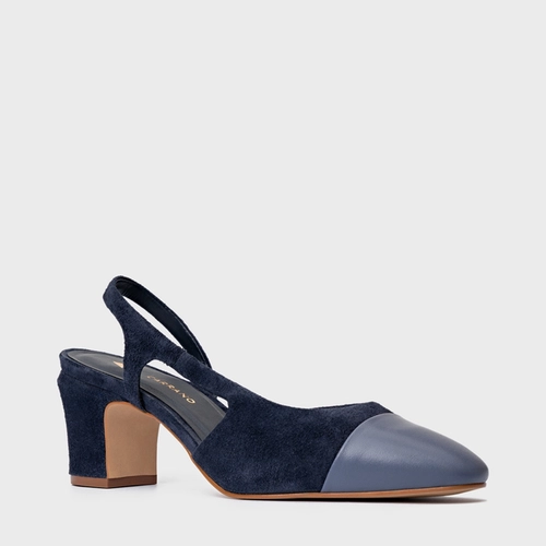 Scarpin Slingback Cap Toe Salto Bloco Couro Suede Azul Navy