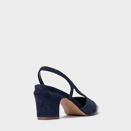 Scarpin Slingback Cap Toe Salto Bloco Couro Suede Azul Navy