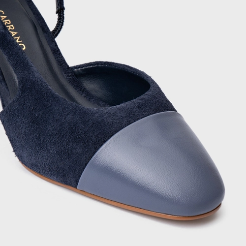 Scarpin Slingback Cap Toe Salto Bloco Couro Suede Azul Navy
