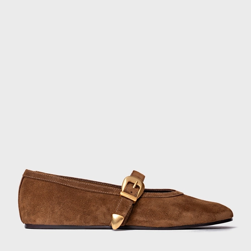 Sapatilha Detalhe Fivela Couro Suede Marrom Saddle