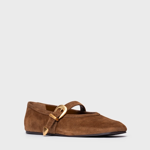 Sapatilha Detalhe Fivela Couro Suede Marrom Saddle