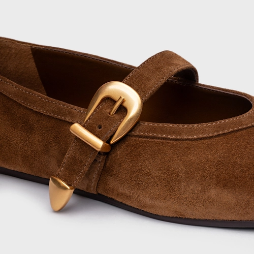 Sapatilha Detalhe Fivela Couro Suede Marrom Saddle