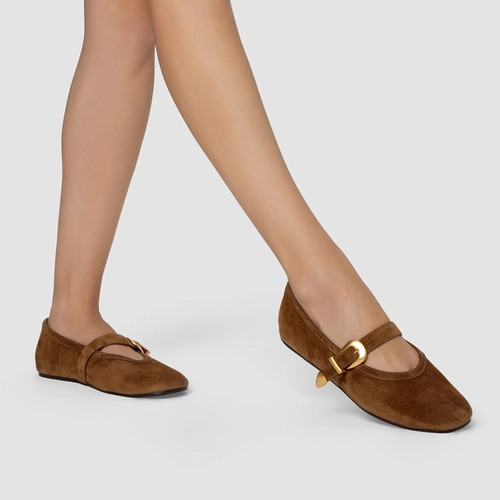 Sapatilha Detalhe Fivela Couro Suede Marrom Saddle
