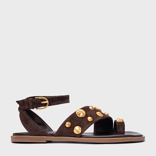 Sandália Rasteira Balls Couro Suede Marrom Ganache