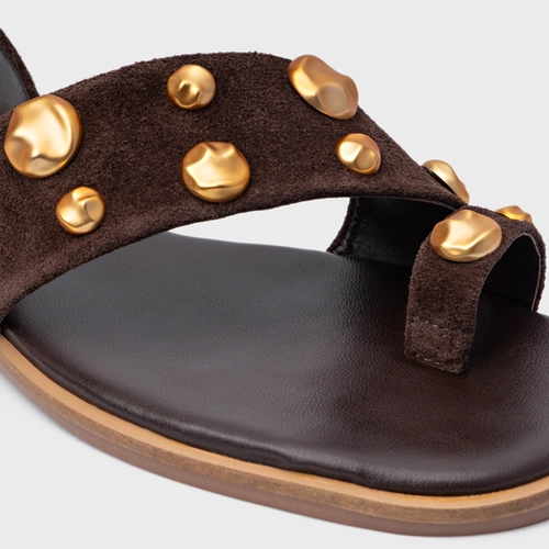 Sandália Rasteira Balls Couro Suede Marrom Ganache