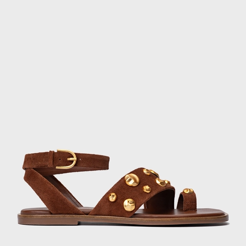 Sandália Rasteira Balls Couro Suede Marrom Walnut