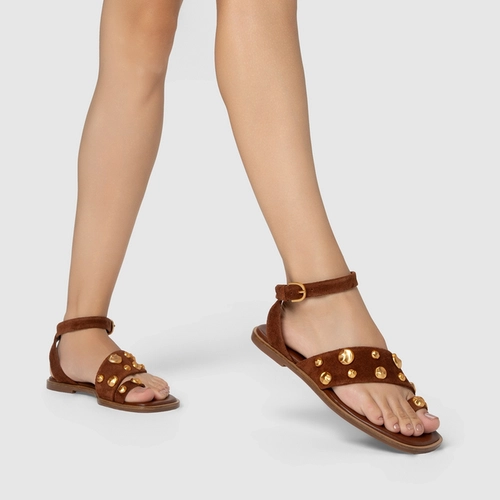 Sandália Rasteira Balls Couro Suede Marrom Walnut