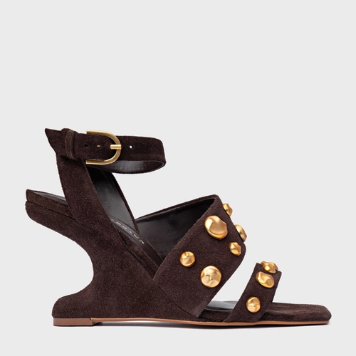 Sandália Balls Salto Anabela Curve Couro Suede Marrom Ganache