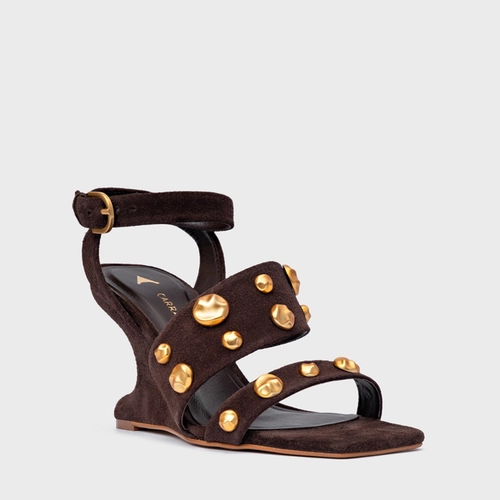 Sandália Balls Salto Anabela Curve Couro Suede Marrom Ganache
