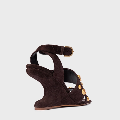 Sandália Balls Salto Anabela Curve Couro Suede Marrom Ganache